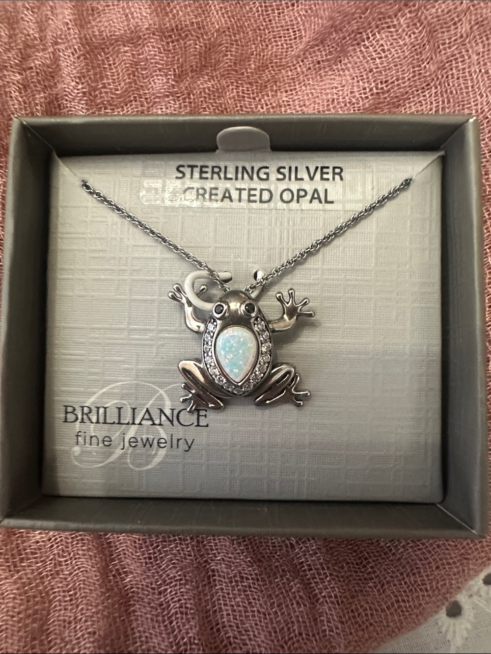 Sterling Silver Frog Necklace with Opal Accent - White Opal-  New in box